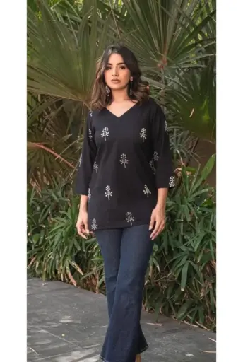 Black Hand-Embroidered Cotton Kurti for Women