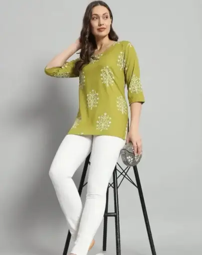 Green floral print Cotton Kurti for Women