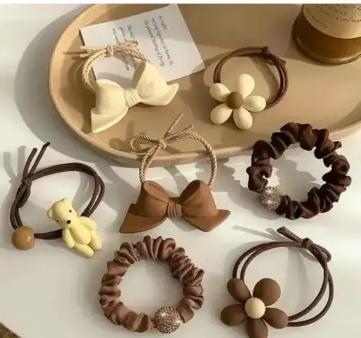 Elegant Brown & Beige Hair Tie Set – Cute Bows, Flowers & Teddy
